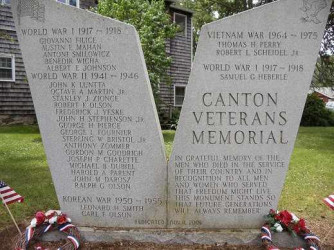 Canton Veterans Memorial updated in 2018. Stone tablets inscribed with the names of Canton soldiers who died in World War I; World War II; Korean War; and the Vietnam War.